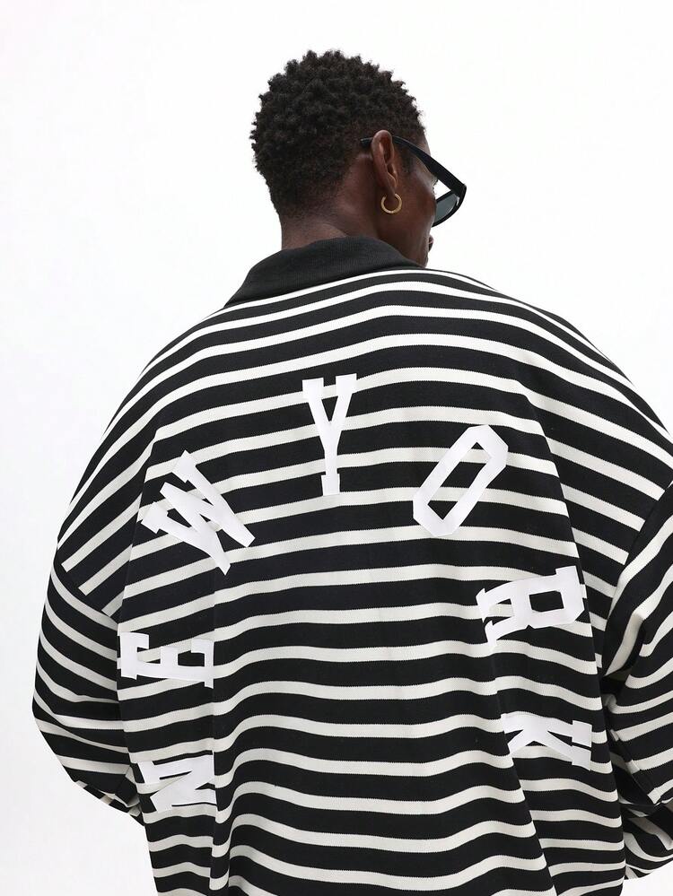 SUMWON Cropped Fit Rugby Jersey Polo Shirt With Horizontal Stripes And Logo Print For Casual Streetwear - Black and White - View 1