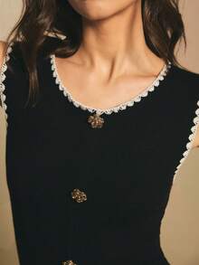 Poéselle 女式撞色镶边圆领优雅无袖毛衣裙 - 黑色 - 查看 3