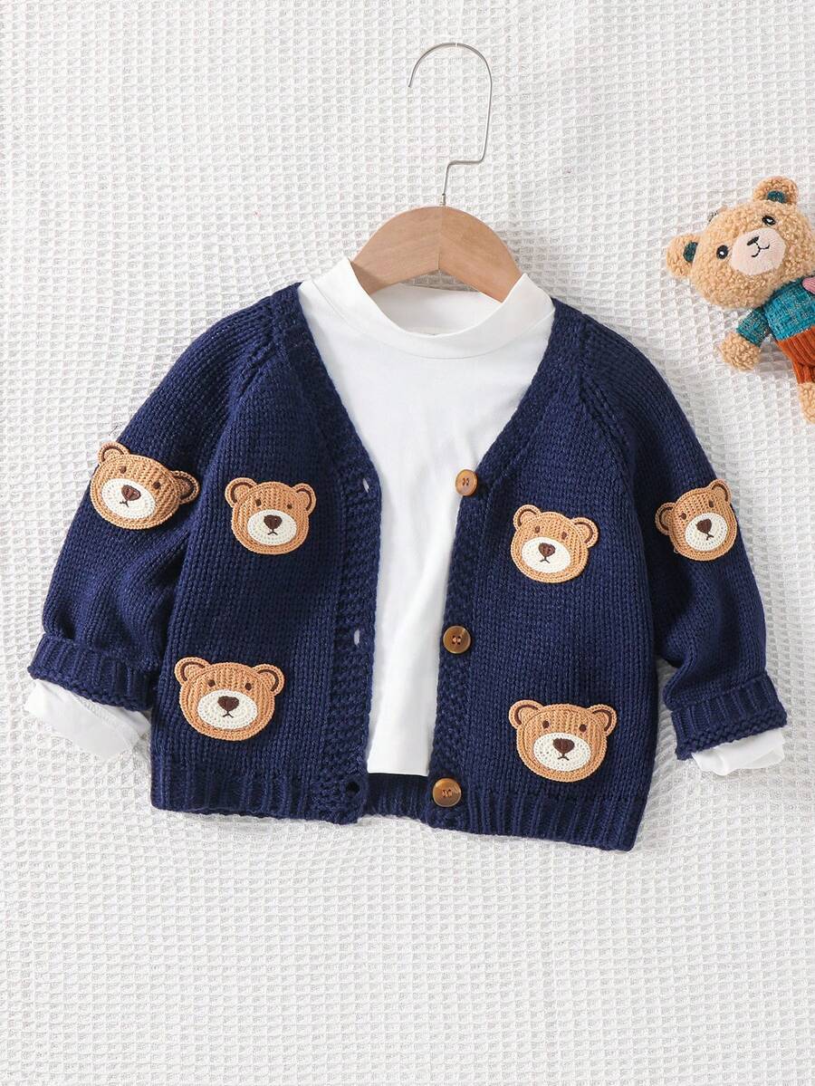 Cozy Pixies Baby Boy Cartoon Bear Pattern V-Neck Long Sleeve Cardigan Sweater