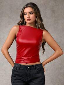 SHEIN BAE 女士纯色修身通勤吊带背心 - 紅色 - 查看 4