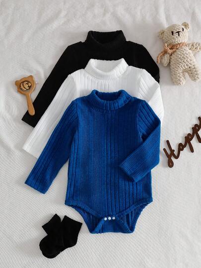 SHEIN Set de 3 piezas Pelele de manga larga con cuello de tortuga y textura acanalada, informal y combinable, para bebés niños, otoño/invierno