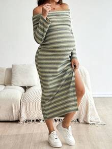 SHEIN 孕妇休闲条纹印花露肩连衣裙 - 綠色 - 查看 3