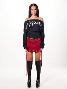 SUMWON WOMEN Off Shoulder Long Sleeve Top With Script Text For Casual Winter Wear - Black - View 3