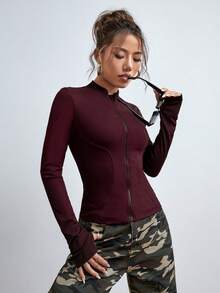 SHEIN EZwear Women's Y2K Style Zip-Up Thumb Hole Burgundy Sweatshirt, Autumn/Winter - Burgundy - View 5