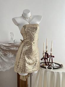 Elamini 女式时尚迷人亮片蝴蝶结装饰露肩迷你连衣裙 - 金色 - 查看 5