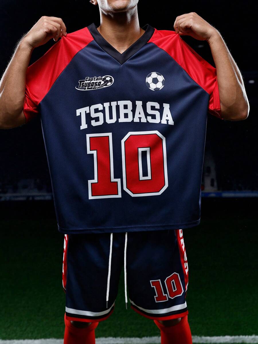 Captain Tsubasa X SHEIN Men's Summer Sports Numeric & Letter Graphic V-Neck Contrast Raglan Short Sleeve Loose T-Shirt And Shorts Basketball Uniform Set - Dark Grey - View 1