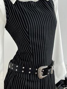 Elamini 黑白条纹圆领套头连衣裙，隐形拉链，收腰，百褶裙摆，优雅甜美，适合上学、上班、约会、日常穿着，秋冬 - 黑色 - 查看 5