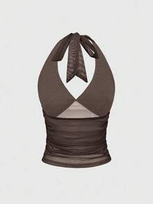 ROMWE Goth Women's Cross Rhinestone Mesh Side Ruched Halter Neck Camisole - Coffee Brown - View 2