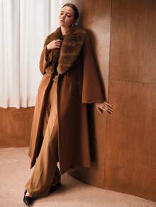 MOTF PREMIUM Abrigo de lana digno con cuello de piel, mangas acampanadas y cintura con lazo para otoño/invierno - Caqui - Ver 8