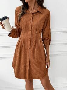 SHEIN Clasi Women's Suede Fleece Shirt Dress, Suitable For Commuting, Outings, And Gatherings,Winter Dress Fall Clothes For Women Autumn Dress Elegant Brown Dress - Brown - View 8