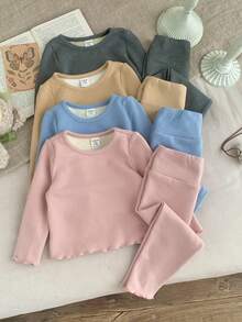 SHEIN 8 Stücke/Set Baby Mädchen Süß Lässig einfarbig Gestricktes Langarm Top und Hose Set, Herbst/Winter