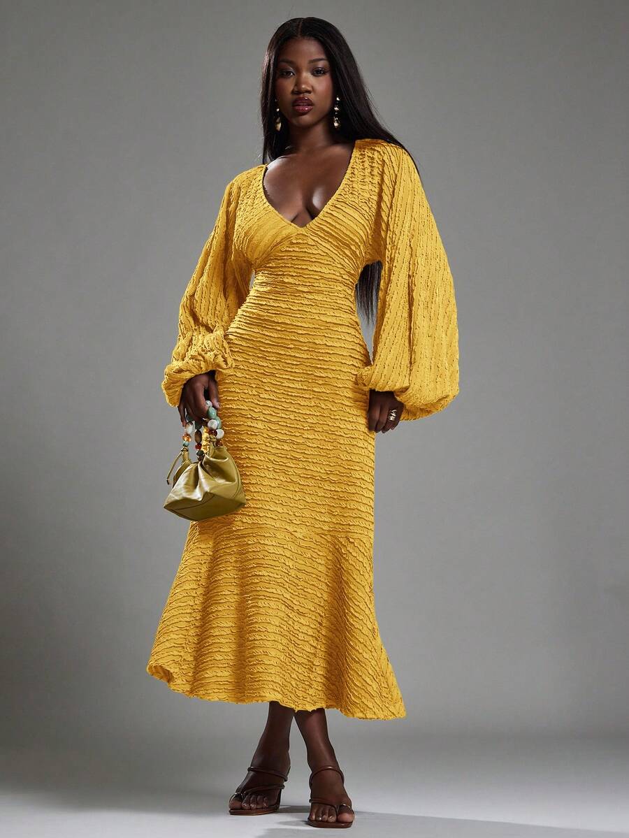 NYA SZN Đầm Maxi Dài Tay Khoét Sâu Họa Tiết Dịp Đặc Biệt Cho Khách Dự Tiệc Cưới Mùa Xuân Hè Dành Cho Nữ - Màu vàng - Xem 1