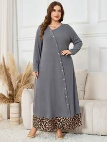 Lacomfia Vestido holgado de manga larga con cuello asimétrico, estampado de leopardo y de costilla, talla grande, para primavera/otoño - Multicolor - Ver 6