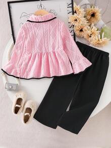 SHEIN Elladie kids 2 件套：宽松白色喇叭袖上衣，搭配黑色蝴蝶结装饰和舒适黑色休闲裤 - 粉色 - 查看 2
