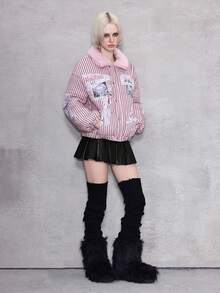 ROMWE Avant 女式复古可爱卡哇伊美学丝带蝴蝶结心形翅膀印花毛绒拼布夹棉大衣，百搭 - 淺粉色 - 查看 6