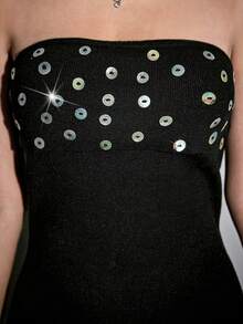 ROMWE Avant Women's Vintage Y2K All-Match Versatile Knit Sequin Button Decorated Tube Top - Black - View 4
