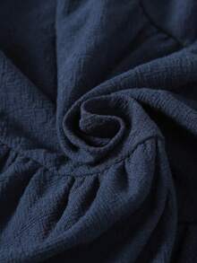 SHEIN Young Girl Solid Round Neck Puff Sleeve Fitted Casual Cake A-Line Dress,Autumn Winter - Navy Blue - View 8