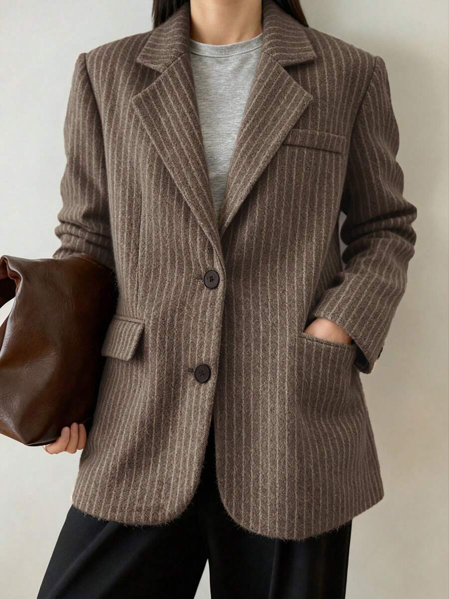 Dazy-Less 女式格子羊毛西装外套，宽松商务休闲办公室通勤夹克，秋冬 - 棕色 - 查看 1