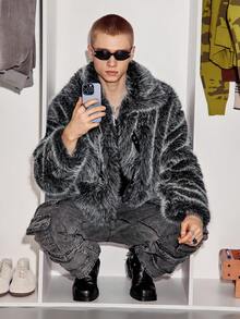 STEELVANCE Men's Dual-Tone Collar Short Faux Fur Coat, Elegant For Commuting, Dating, And Photo Shoots New Vintage, Winter - Black - View 5