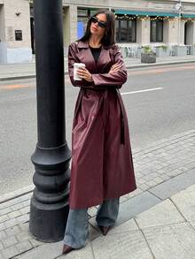 Aloruh Anker 红色 PU 风衣，休闲长款外套，适合秋冬季通勤、秋季穿着，女士冬季外套，万圣节服装，圣诞节，新年，外出，时尚女士风衣，酒红色风衣，酒红色大衣，复古风格，Ancora - 酒紅色 - 查看 4