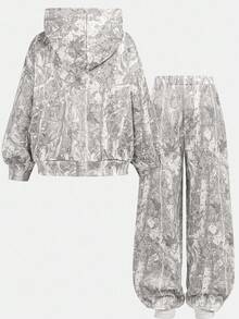 Tween Girl Fashionable Printed Hoodie Sweatshirt & Straight Leg Thermal Lined Pants 2 Pieces Set Kids Y2k Clothes Sweat Sets Tweens Comfy - Multicolor - View 2