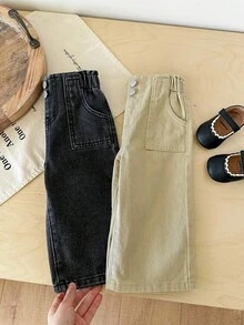 SHEIN LMoss Kids 2件套女婴卡其色和黑色宽松牛仔裤 - 彩色 - 查看 4