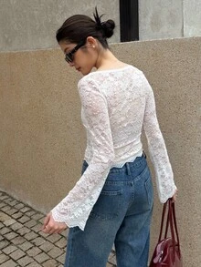 K-Vae 女士蕾丝拼接贝壳边休闲长袖衬衫，日常穿着 - 白色 - 查看 4