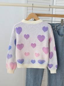 SHEIN Genkimix Kids 青少年女孩圓領紫色與白色彩虹愛心圖案可愛毛衣 開學季秋季校園休閒百搭 Y2Y 針織衫 適合派對與日常穿著 - 紫色 - 查看 2