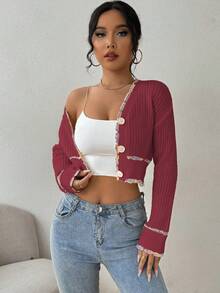 SHEIN LUNE Women's Elegant Drop Shoulder Long Sleeve Single-Breasted Short Knitted Cardigan - Burgundy - View 3