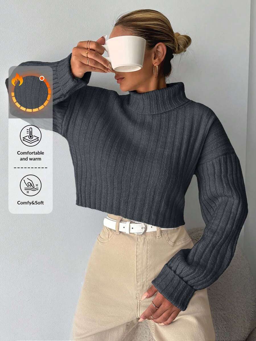 EURMUSE Women's Solid Color High Neck Drop Shoulder Casual Sweater - Grey - View 1