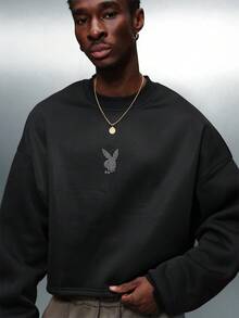 PLAYBOY X SUMWON Men's Rhinestone Embellished Crop Sweatshirt With Logo Print Design For Casual Winter Street Style - Black - View 5