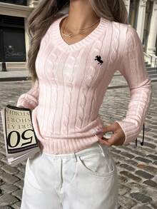 SHEIN EZwear كنزة صوفية ذات رقبة على شكل V مناسبة للمقاسات الكبيرة باللون الأسود، شعار كاجوال للخريف/الشتاء - وردي - مشاهدة 1