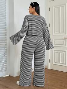 SHEIN EZwear Plus Size Women's Casual Loose Striped Round Neck Drop Shoulder Long Sleeve Top And Wide Leg Pants 2 Pieces Set, Early Autumn - Black and White - View 2