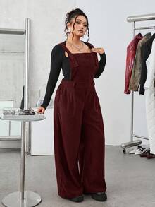 SHEIN EZwear 大码纯色简约日常灯芯绒连体裤 - 酒紅色 - 查看 1