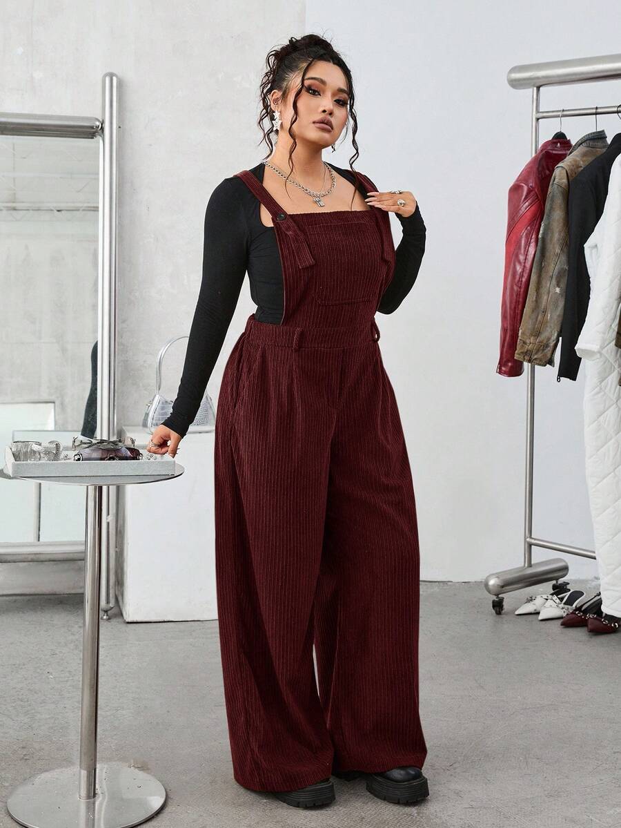 SHEIN EZwear 大码纯色简约日常灯芯绒连体裤 - 酒紅色 - 查看 1