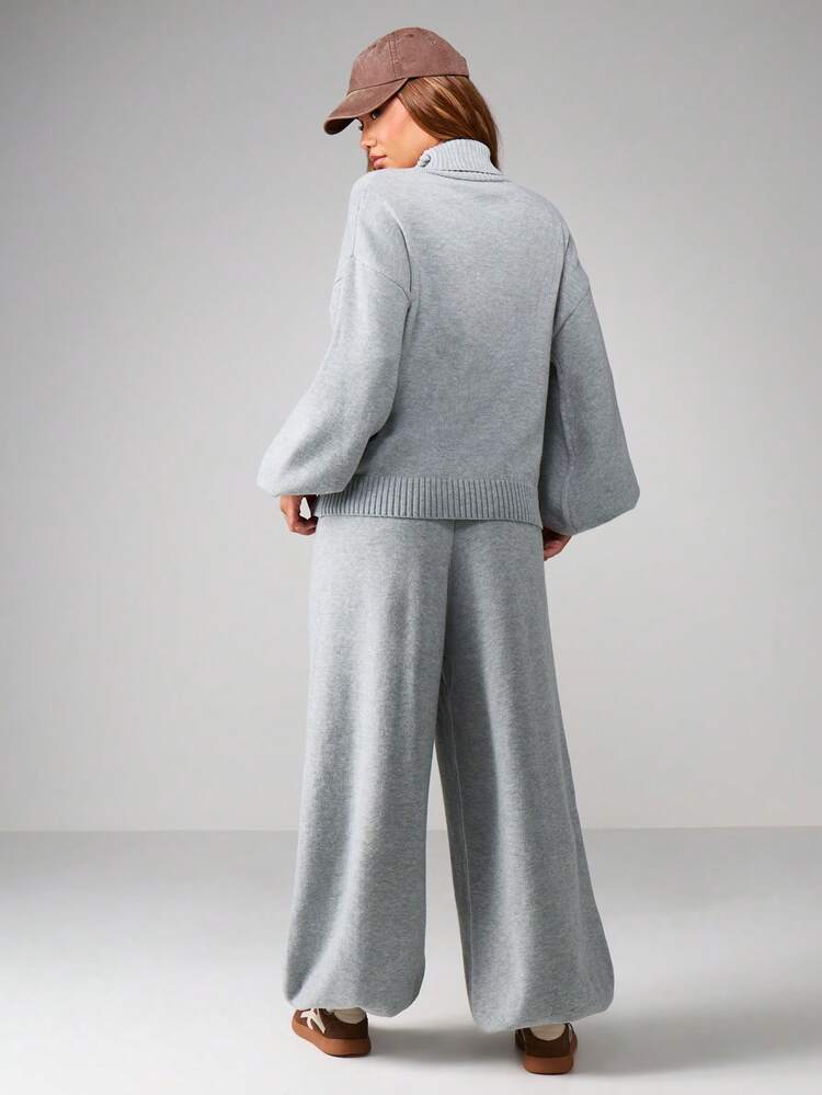 MISSGUIDED Oversized Roll Neck Knitted Co-Ord Set With Wide Leg Cuffed Joggers For Winter Loungewear