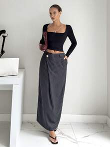 Siren Gaze 女士休闲通勤条纹单扣直筒裙 - 深灰色 - 查看 5