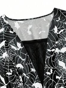 Flirla 大码万圣节蕾丝拼布蝙蝠袖蜘蛛网和蝙蝠印花连衣裙 - 黑與白 - 查看 6