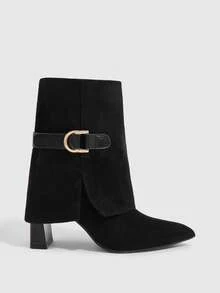 CUCCOO SZL 女士时尚黑色天鹅绒尖头搭扣带街头时尚中筒靴 - 黑色 - 查看 3