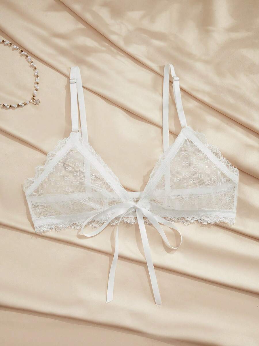 SHEIN French Front Closure Lace Bra, Elegant Autumn Lace Lingerie - White - View 1