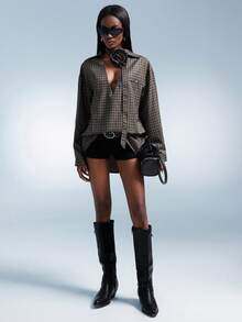 Aveloria GENKIRA 复古美式设计格子领V领系带袖手工3D花卉腰部可调节宽松休闲朋克混合女式长袖衬衫 - 摩卡棕 - 查看 3