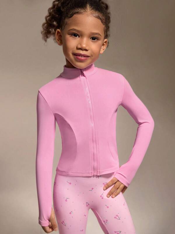SHEIN Tween Girls Active Fitted Pink Jacket, Flattering Seam Design, Suitable For Running, Fitness, Yoga, Fashionable 4-Way Stretch High Stretch Fabric