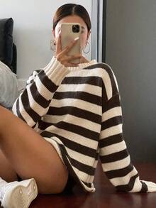 DAZY 女式宽松休闲条纹毛衣，秋季新品 - 棕色 - 查看 3