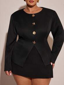 SHEIN BAE Plus Size Elegant Solid Color Blazer & Skirt Suit, Suitable For Commuting - Black - View 5