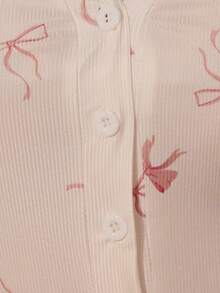 CottageSlumber Macaquinho Romântico de Manga Longa com Estampa de Borboleta, Gola Botão Meia, Decote V, Tricô Jacquard Plus Size para Mulheres, Roupa de Dormir, Inverno