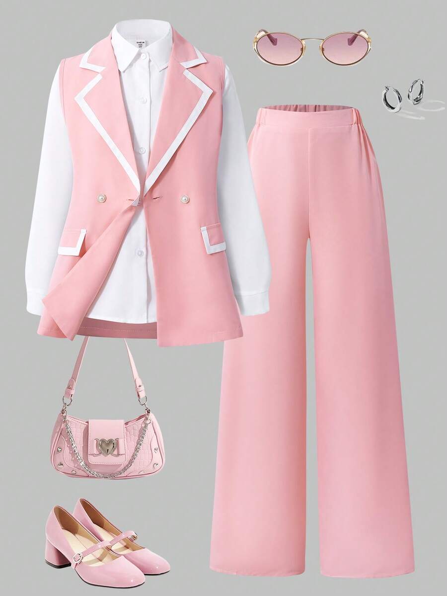 Sparklyn 少女撞色双排扣粉色夹克 + 白色长袖衬衫打底衫，粉色裤子优雅装扮 - 粉色 - 查看 1