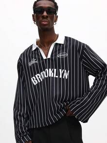 SUMWON Brooklyn 条纹长袖 Polo 衫，白色领子细节，休闲款 - 黑色 - 查看 1