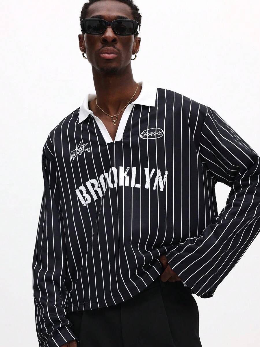 SUMWON Brooklyn 条纹长袖 Polo 衫，白色领子细节，休闲款 - 黑色 - 查看 1