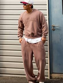 DAZY 男士字母刺绣保暖套头卫衣裤套装，秋冬季舒适保暖套装 - 棕色 - 查看 4