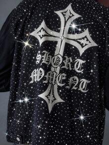 ROMWE MEN Street Life 男士水钻装饰印花长袖牛仔夹克 - 黑色 - 查看 2